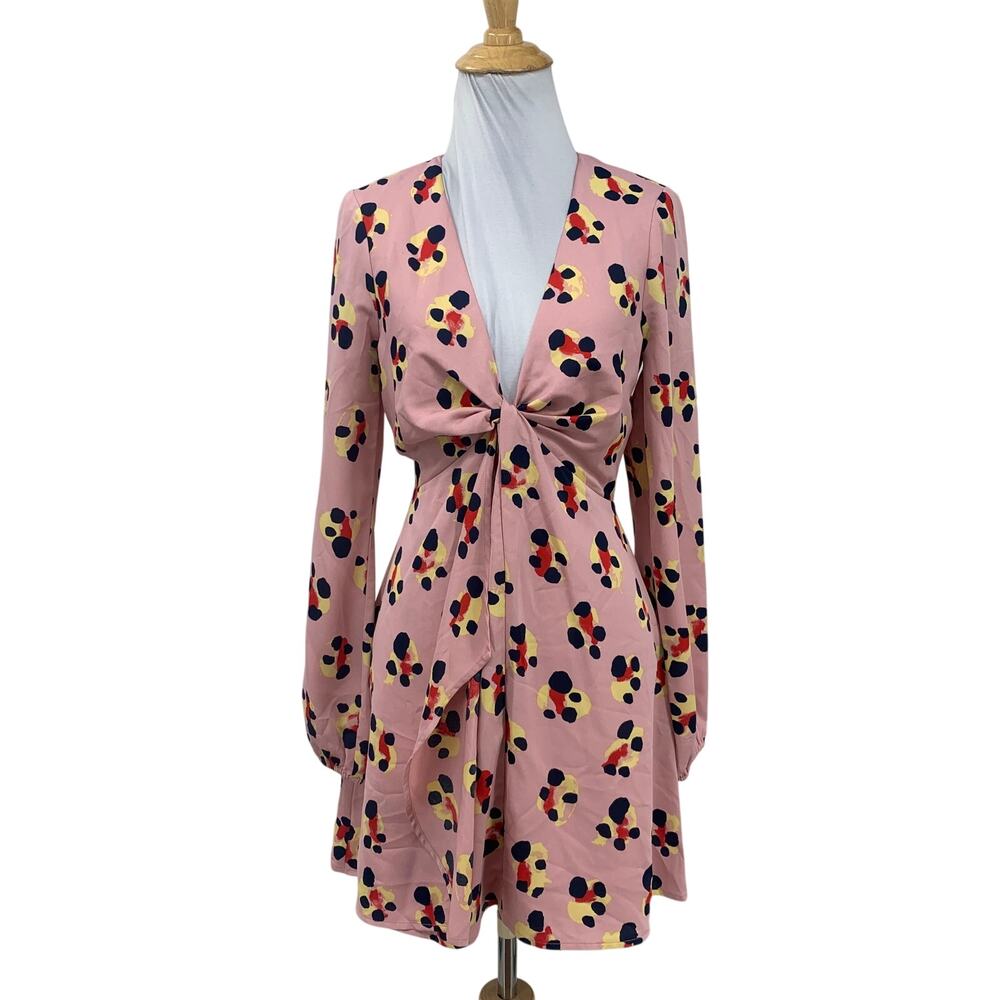 BCBGeneration Dress Womens 2 Pink Rose Twist Front Floral Mini V Neck Lined